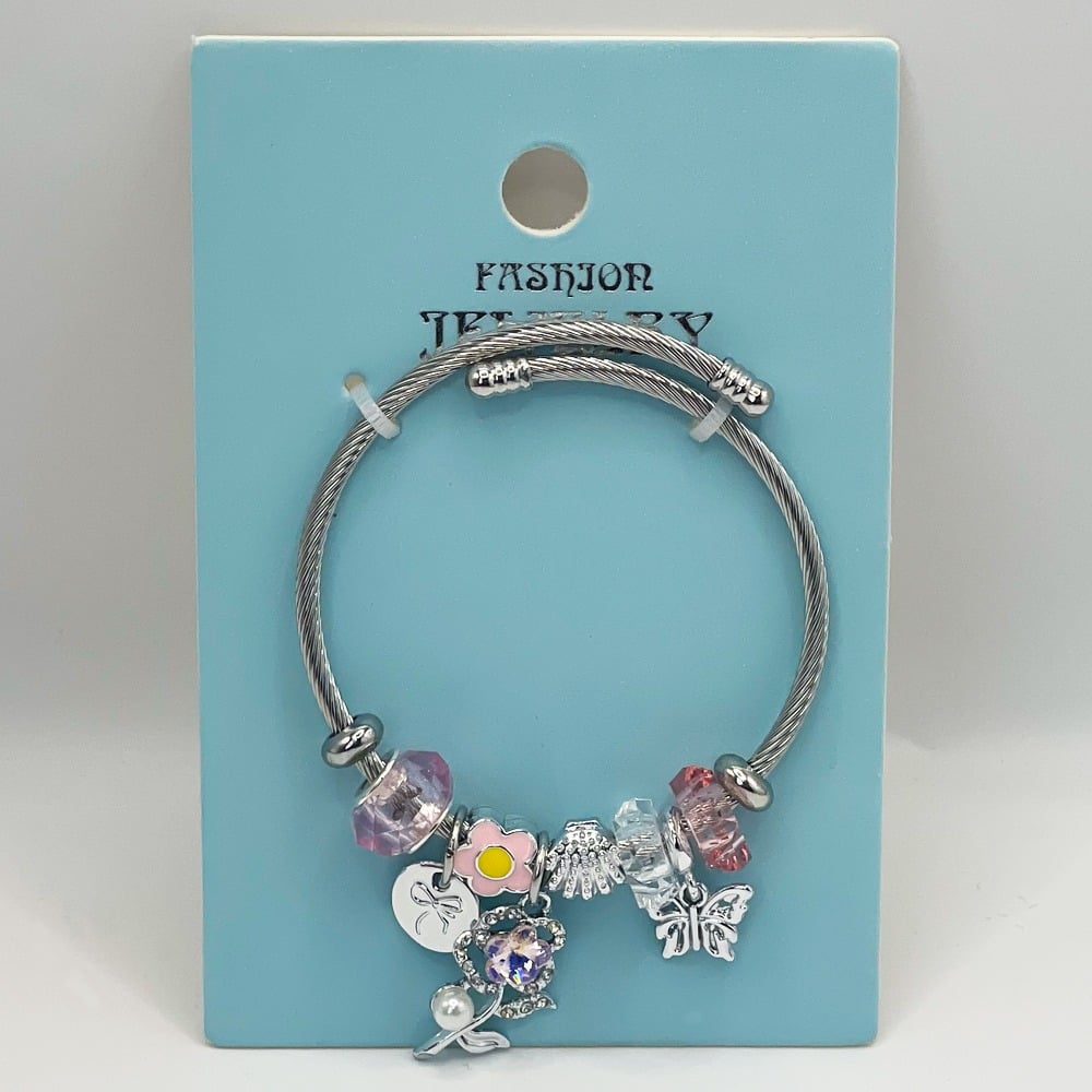 Stainless Steel CHARM Bracelet with Pink Gemstones and Rose Design