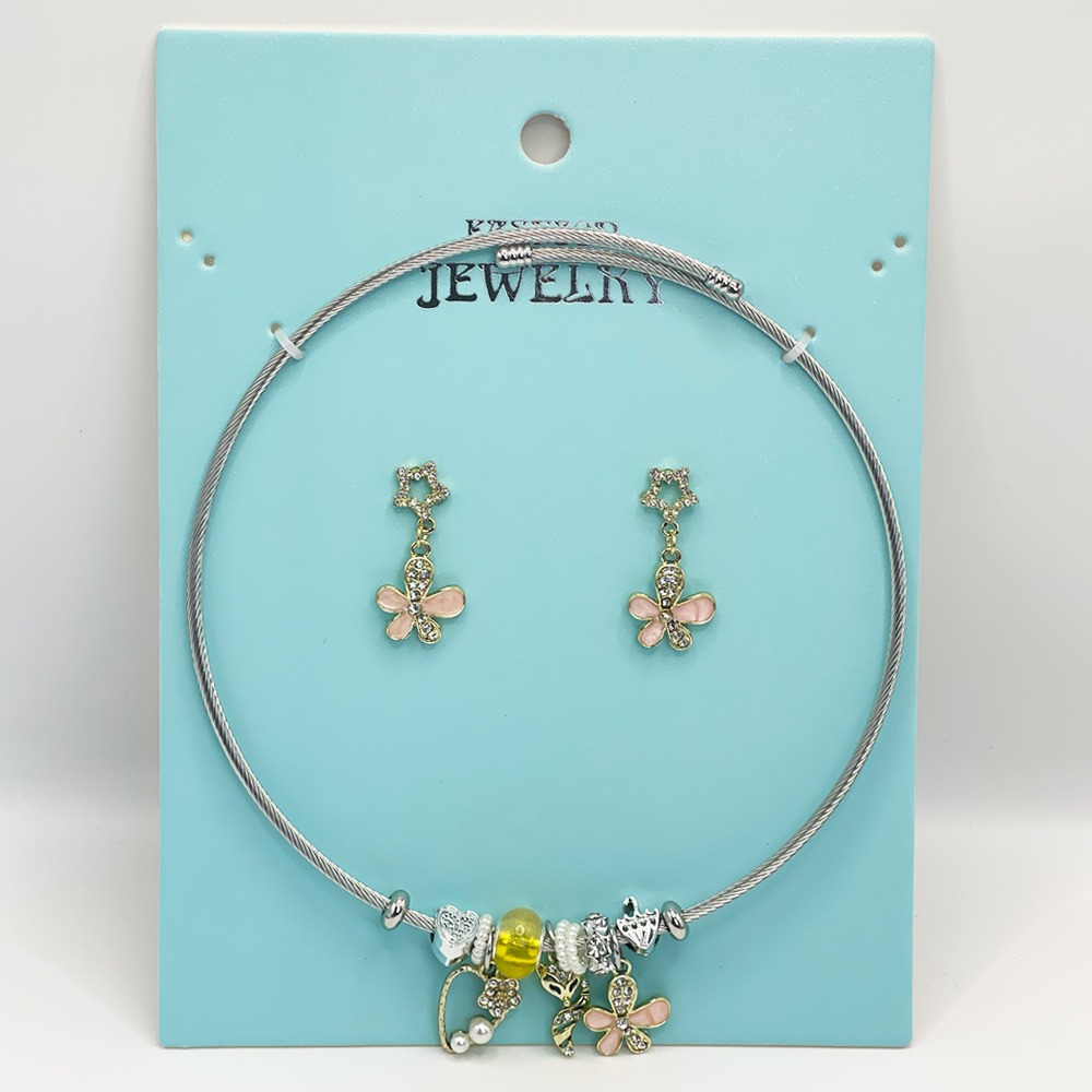 Stainless Steel Charm Necklace and EARRINGS Set - Golden Rhinestone Flower Design