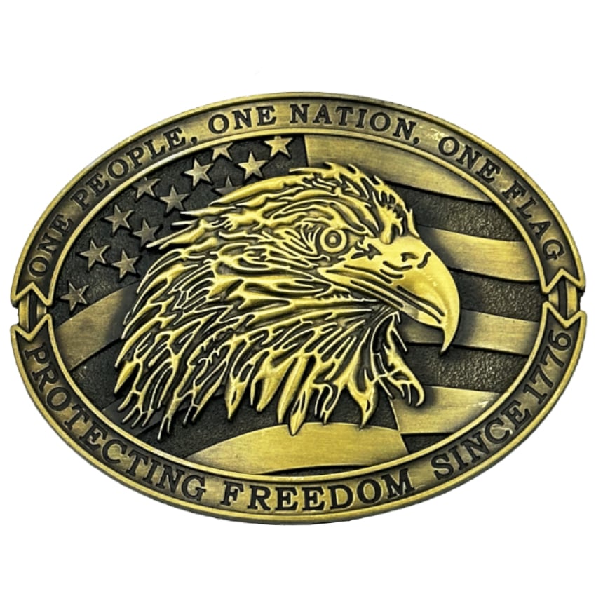 Freedom Protector USA Flag and EAGLE Design Brass Belt Buckle
