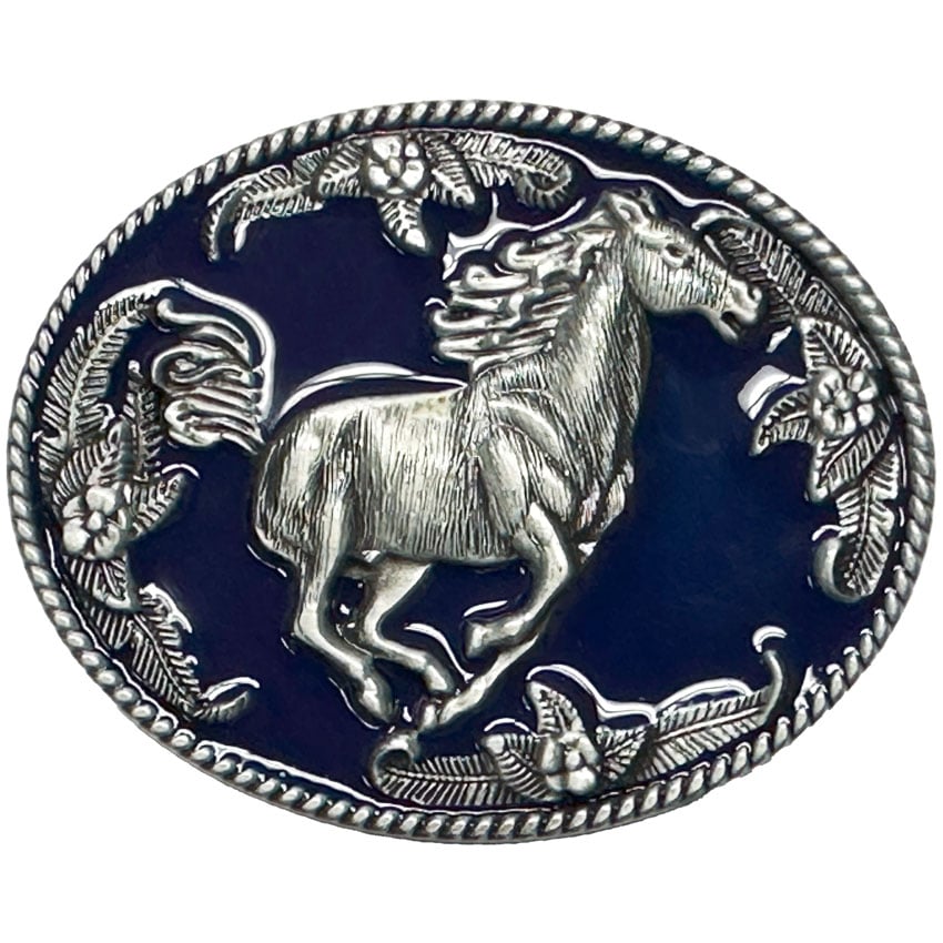 Vintage Galloping HORSE Blue Belt Buckle with Floral Western Design 