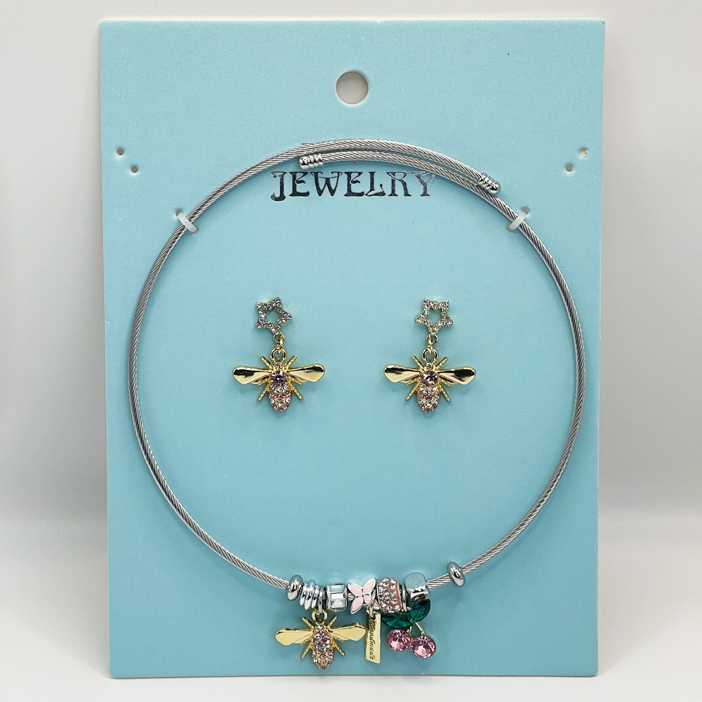 Stainless Steel Charm Necklace and EARRINGS Set - Rhinestone Golden Bee Design