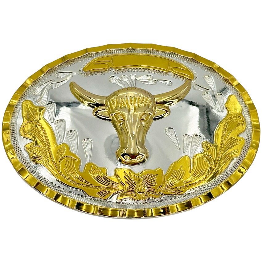 Golden Bull and Floral on Silver BELT BUCKLES