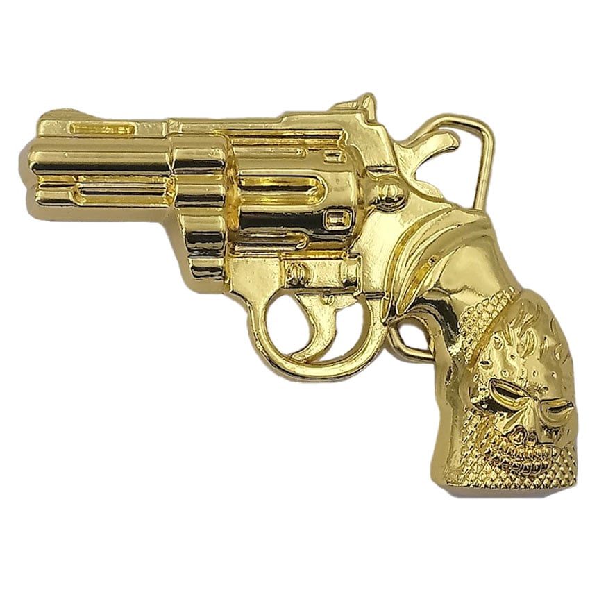 Golden Revolver & Skull Handle BELT Buckle