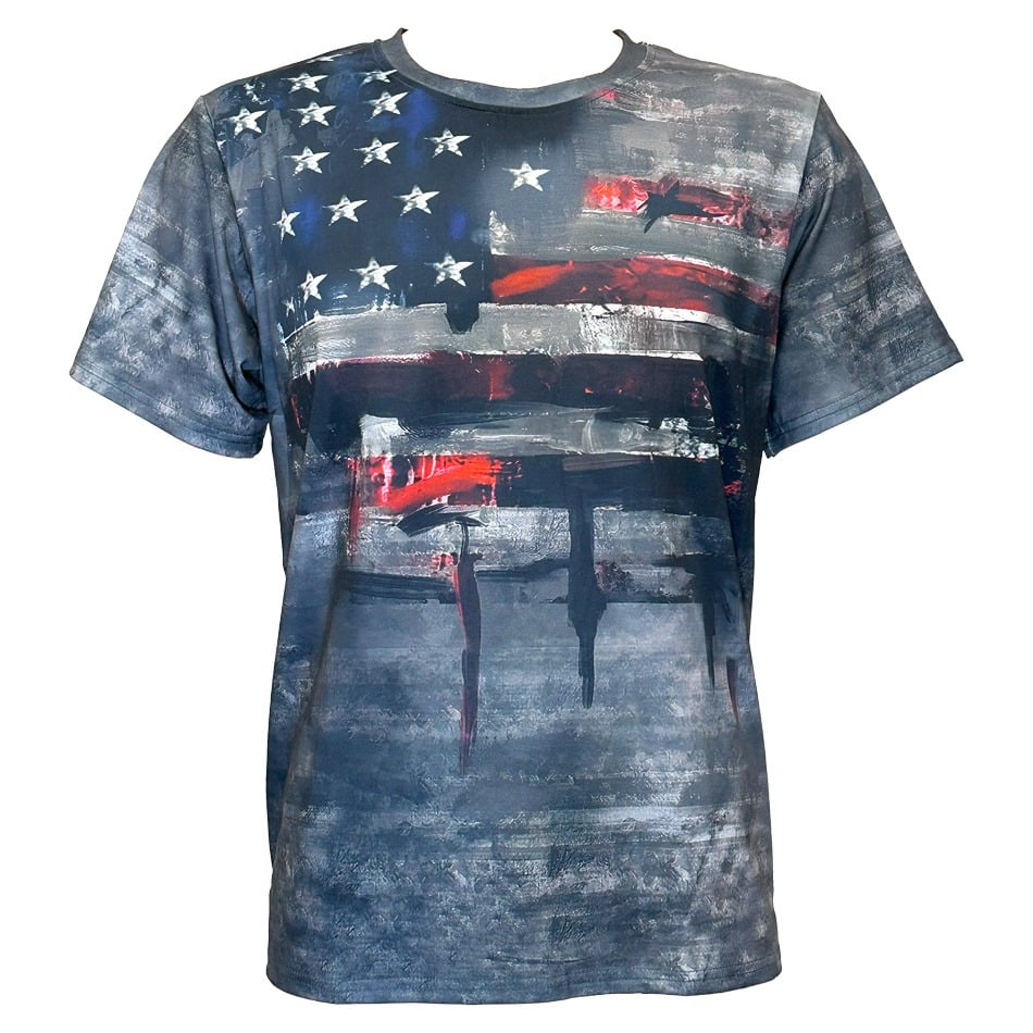 Gray Camouflage Men's Western T Shirts - Proud American Flag Print SHORT Sleeve