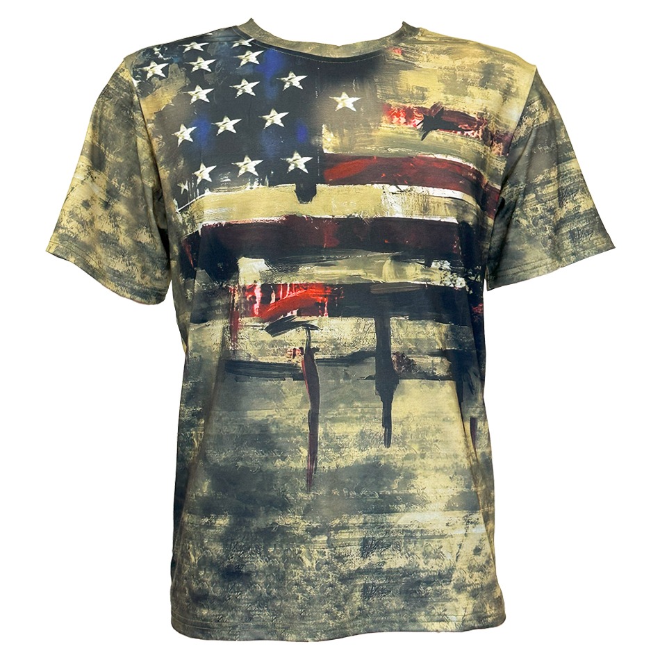 Green Camo Western T Shirts for Men - Patriotic USA Flag Print SHORT Sleeve