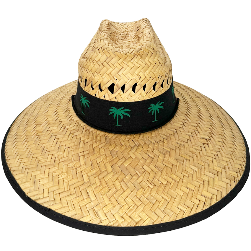 Straw Summer Hat with Green Palm Tree on Black BANDANA