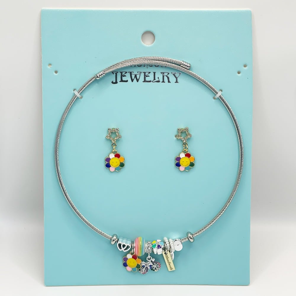 Stainless Steel Charm Necklace and Earrings Set - Rainbow Sunflower and BIKER Design