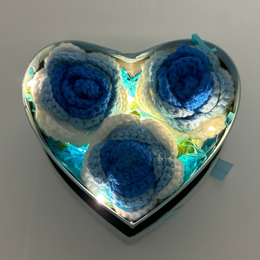 Heart Flower GIFT Box with 3-Blue Gradient Crochet Rose Heads | Small Size