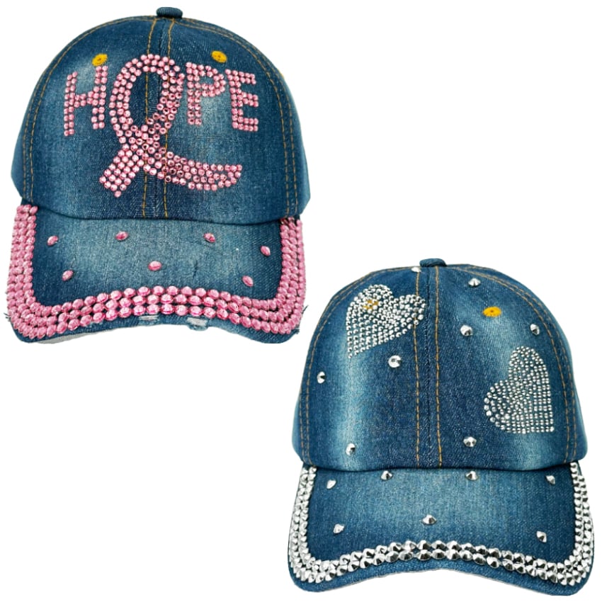 Hope and Heart-Shape Design Rhinestone DENIM Caps for Women