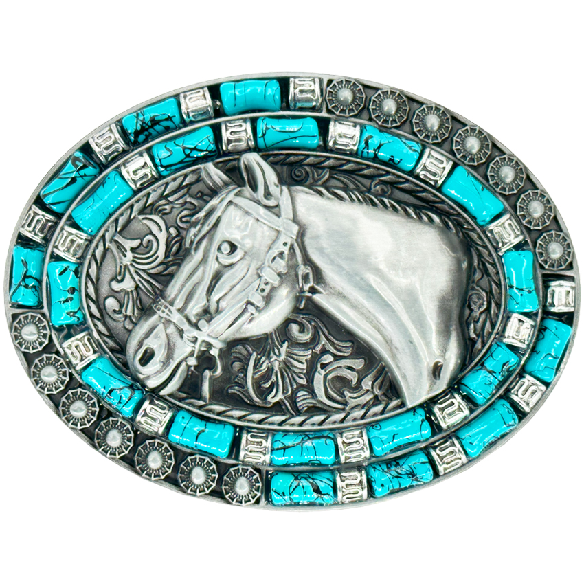 HORSE Design Turquoise Beaded Western Belt Buckle