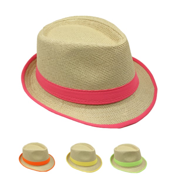 Cream Straw Trilby Fedora HAT Set with Neon Color Strip Band