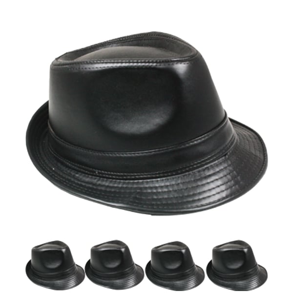 VINTAGE Jazz Style Black Leather Trilby Fedora Hat