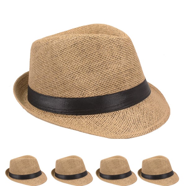 Classic Tan Toyo Straw Trilby Fedora Hat with BLACK Strip Band