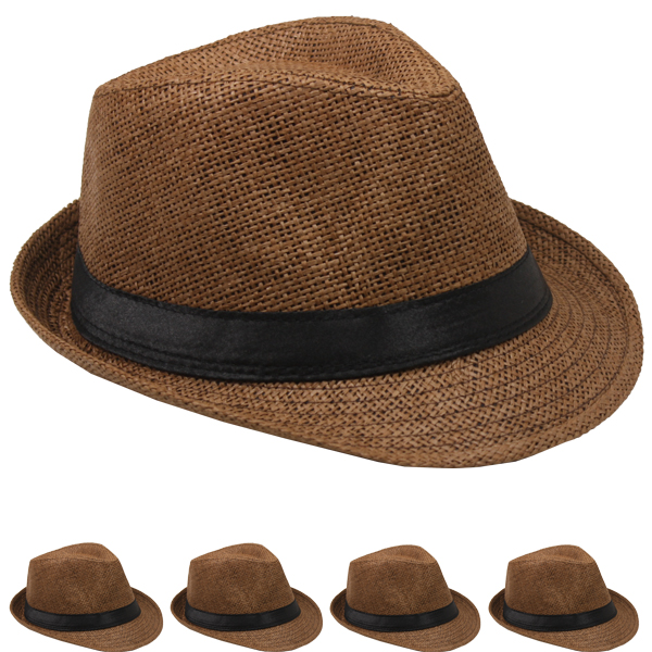 Classic COFFEE Color Toyo Straw Trilby Fedora Hat with Black Strip Band