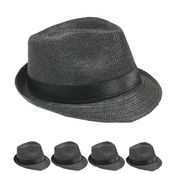 Classic BLACK Toyo Straw Trilby Fedora Hat with BLACK Strip Band
