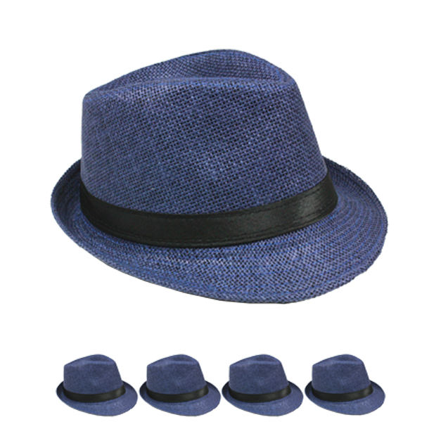Classic Blue Toyo Straw Trilby Fedora Hat with BLACK Strip Band