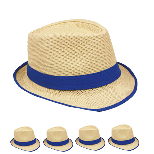 Brown Straw Trilby Fedora Hat with Blue Strip Band