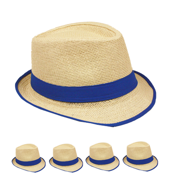 Brown STRAW Trilby Fedora HAT with Blue Strip Band