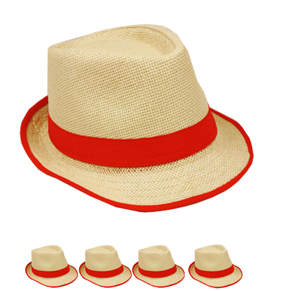 Brown Straw Trilby Fedora HAT with RED Strip Band