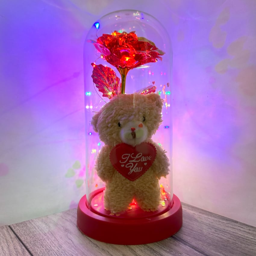 Light-up Rose and Plush Bear in Dome - Valentine Gifts | 6 Pcs