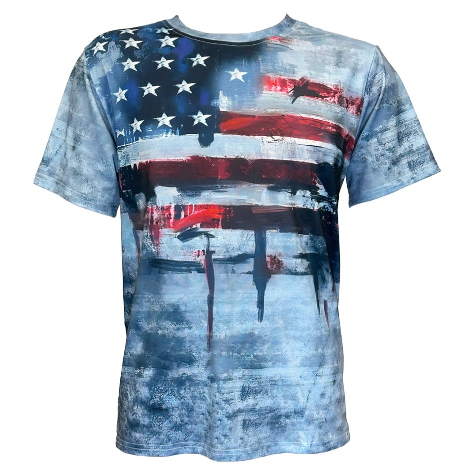 Light Blue Camo Western Graphic Tees for Men - Patriotic American Flag Print SHORT Sleeve