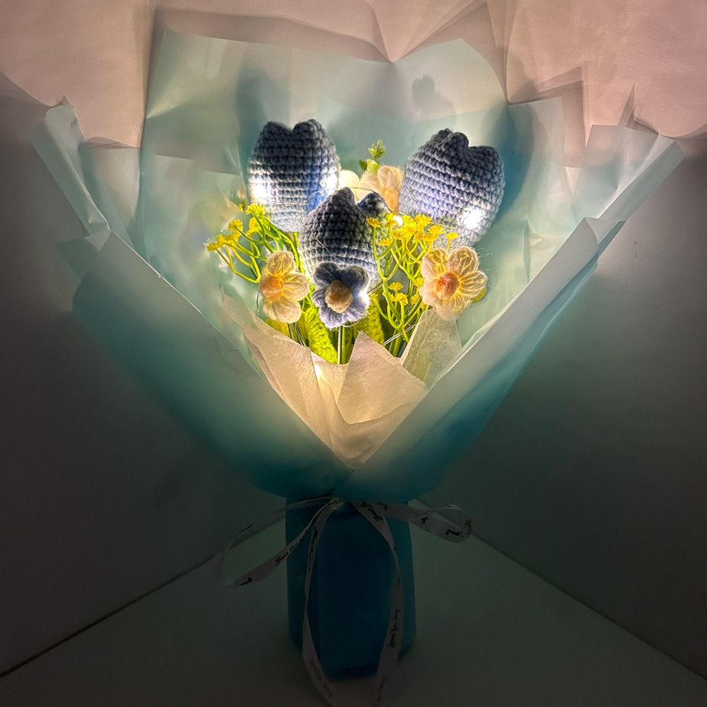 Blue Crochet Flowers MOTHER's DAY Bouquets - Blue Tulips and Puff Flowers