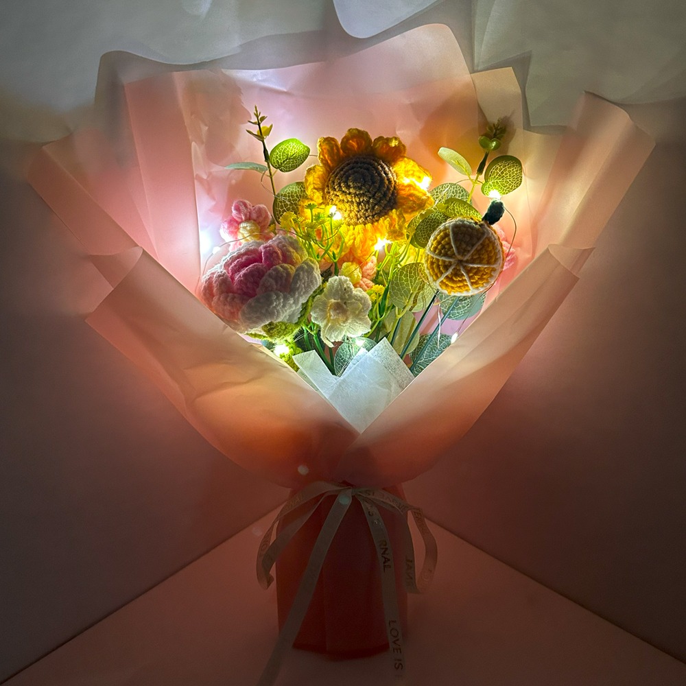 ''Pink Crochet Flowers VALENTINE Bouquets - Sunflower, Roses, Tangerine and Puff''