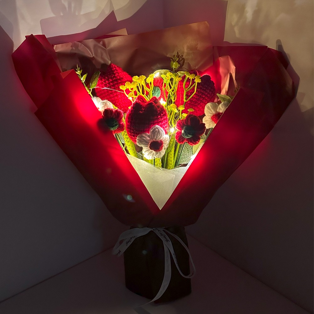 Red Crochet Flowers VALENTINE's Day Bouquets - Red Tulips and Puff Flowers