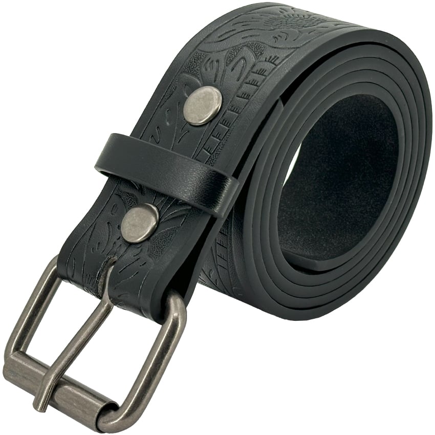 Men's Black WESTERN Leather Belts - Long Horn Bull Engraved Floral Design 