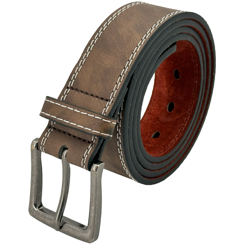 Mens Casual Belts - COFFEE Brown Stitched Design Faux Leather Belt