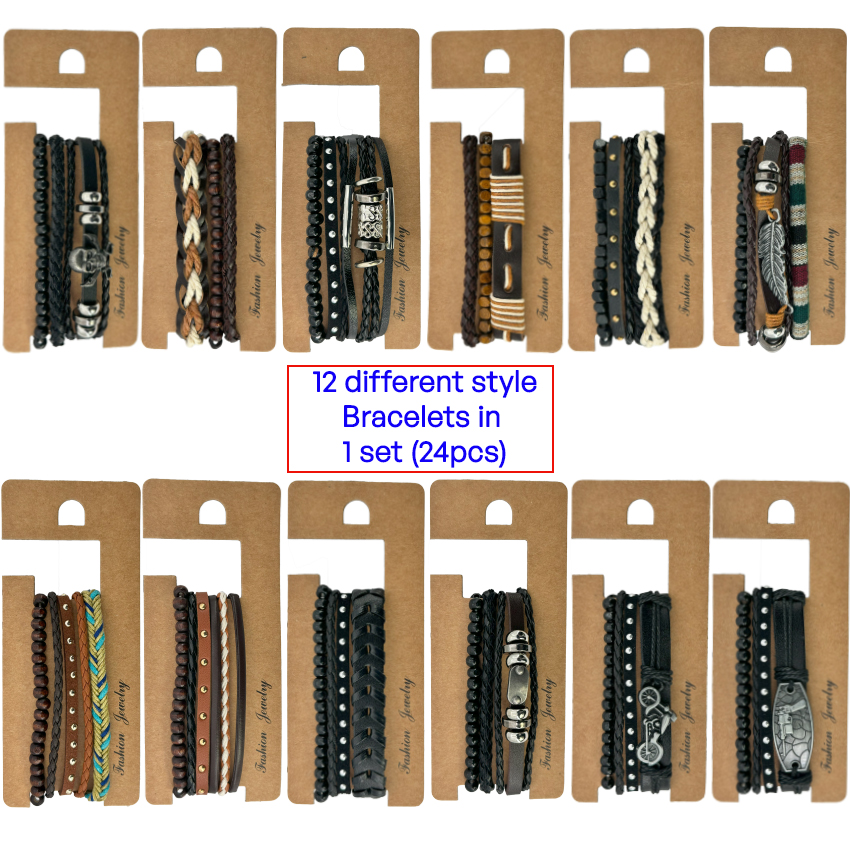 Men's Layered Braided PU Leather BRACELET Set - Gift Sets for Men | 24 PCS