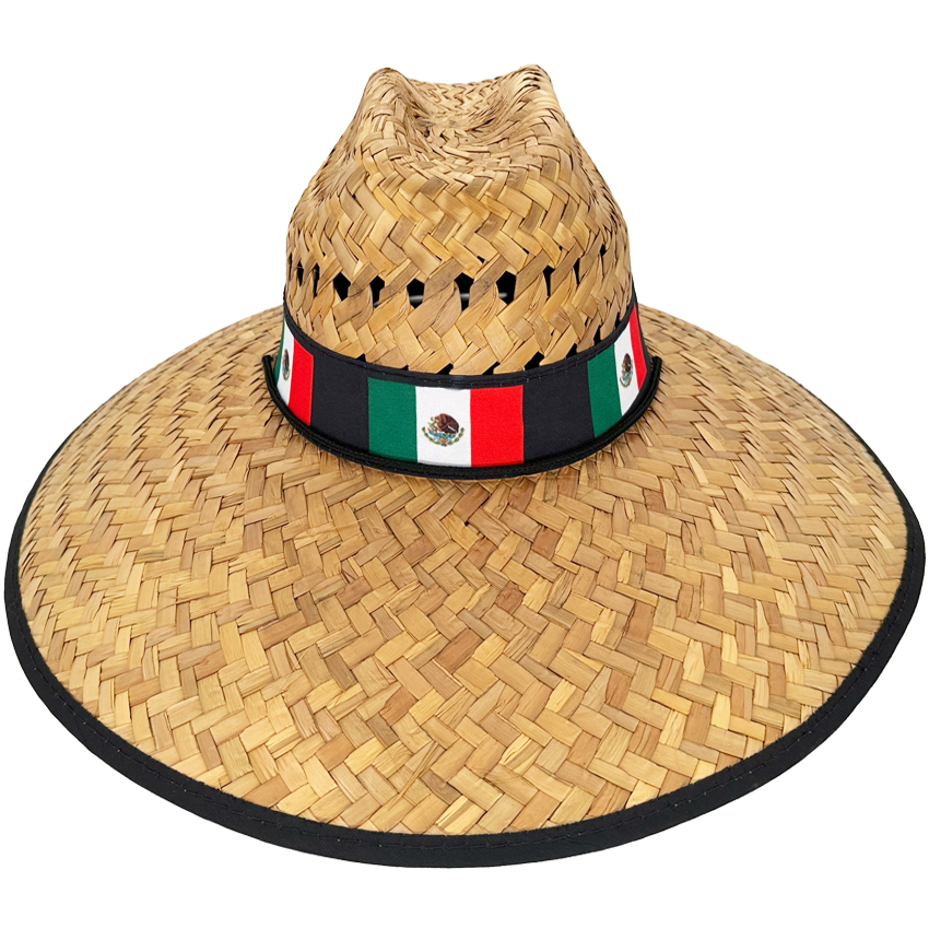 Straw Summer HAT with Mexican Flag on Black Bandana