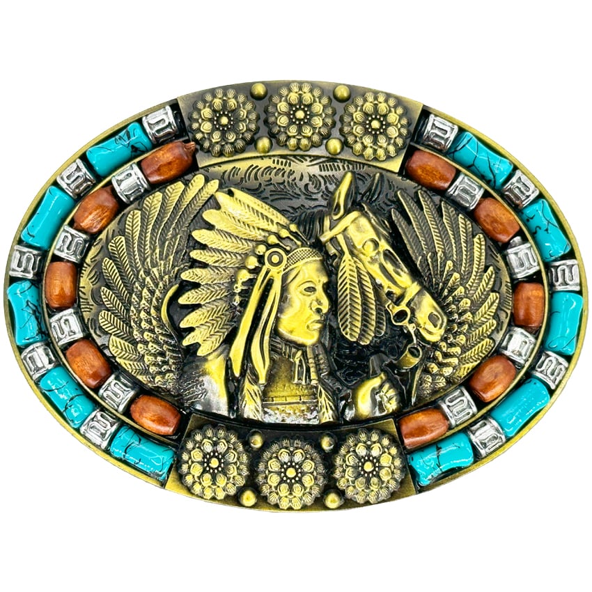 Native American Chief and Horse Design Turquoise and Brown Beaded Western BELT BUCKLE