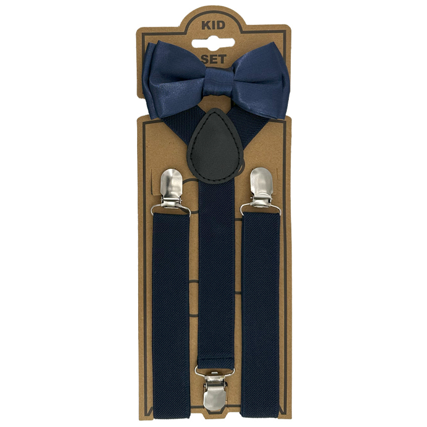 Adjustable Bowtie Suspender Set for Kids - ELASTIC Y-Back Design with Strong Metal Clips - Navy Blue