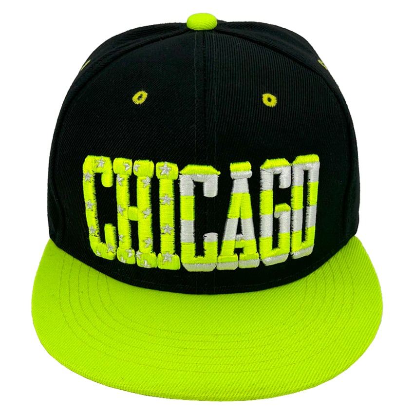 CHICAGO Embroidered Neon Green and Black Snapback Hats