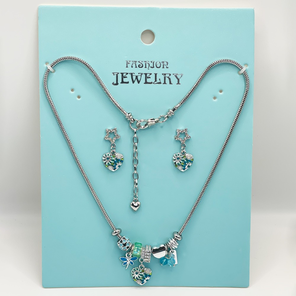 Adjustable Stainless Steel Charm Necklace and EARRINGS with Blue Mossy Heart Design