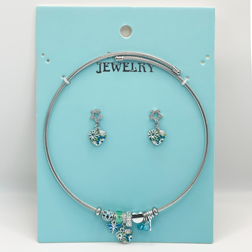 Stainless Steel Charm Necklace and EARRINGS Set - Ocean Blue Heart Design
