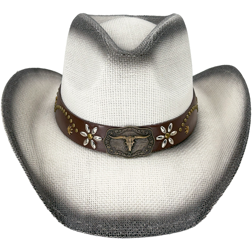 White WESTERN Cowboy Hats - Black Shaded Paper Straw with Bull Style Leather Band