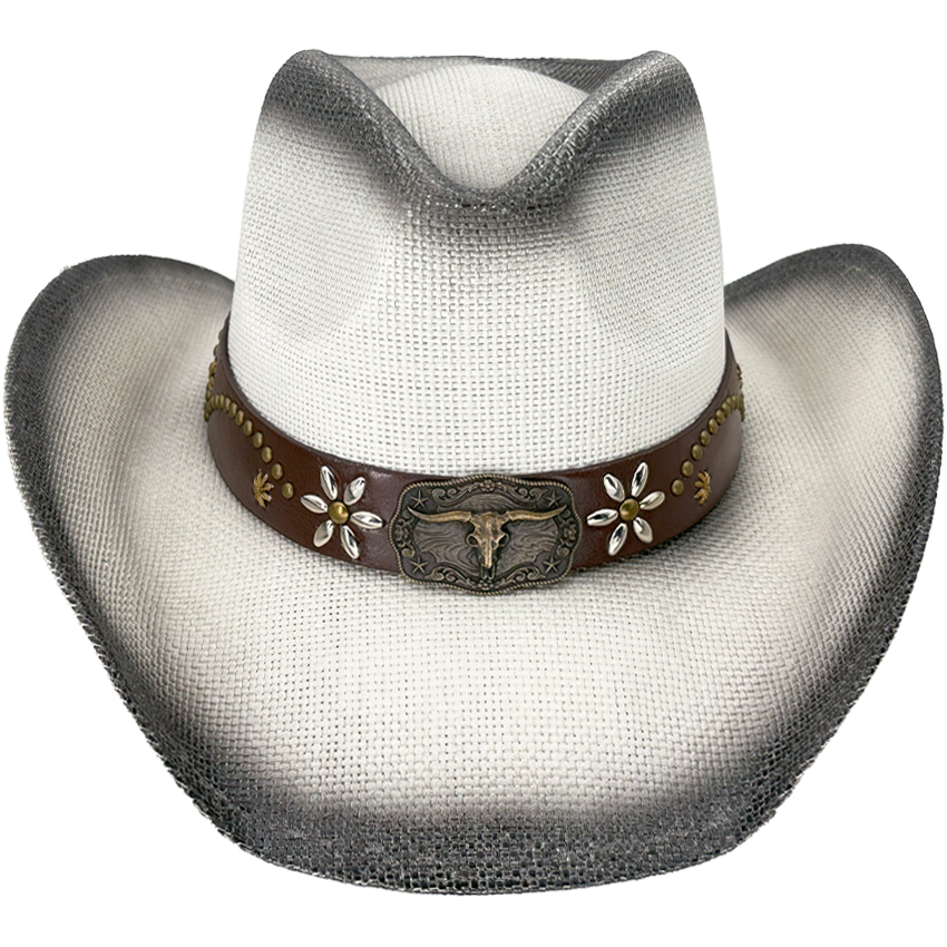 Paper Straw Bull Style Leather Band WESTERN White Cowboy Hats - Black Shade