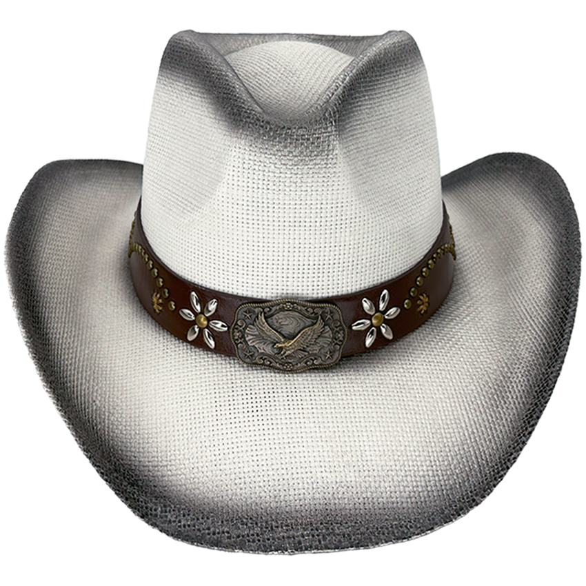 Paper Straw Eagle Style Leather Band White WESTERN Cowboy Hat - Black Shade 