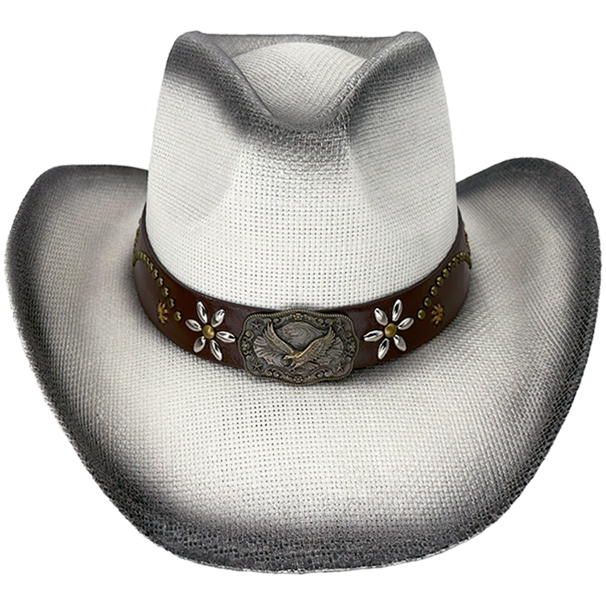 Paper Straw Eagle Style Leather Band White Western Cowboy HAT - Black Shade 