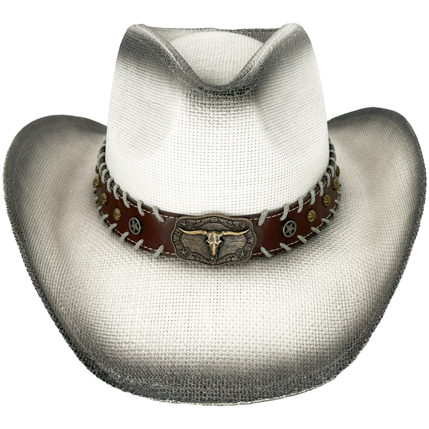 High Quality Paper Straw White Western COWBOY HAT with Bull Leather Laced Edge Band - Black Shade 