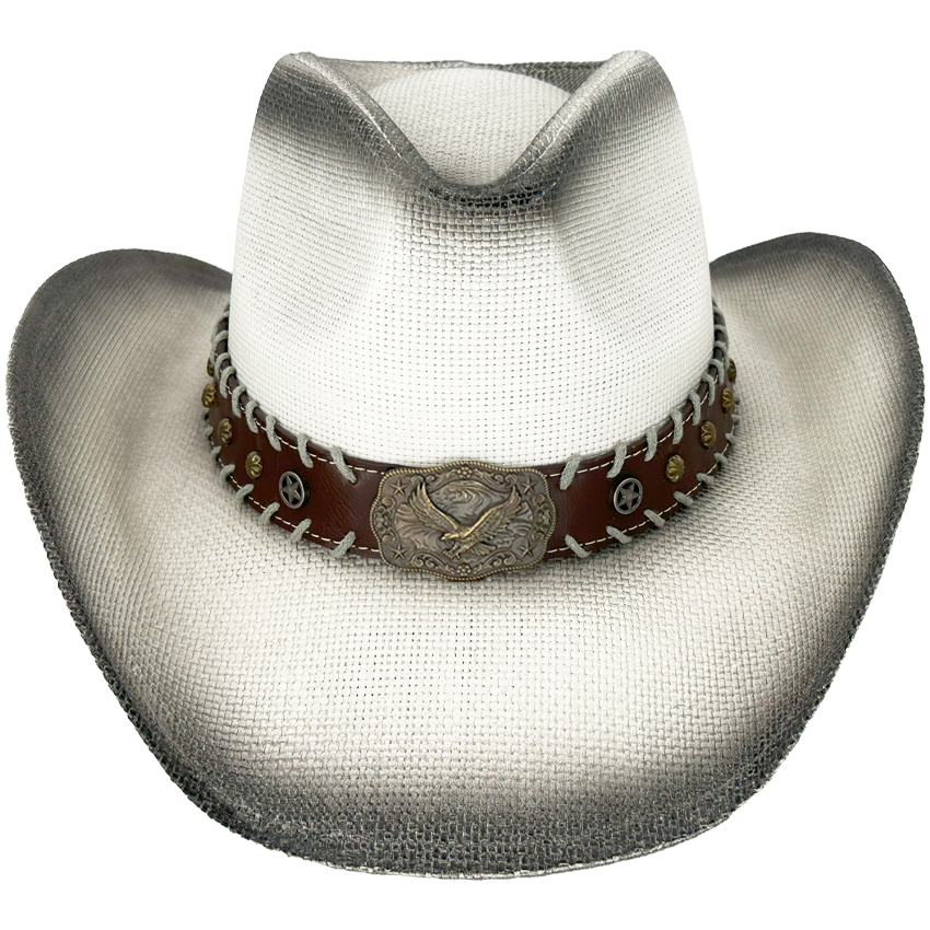 High Quality Paper Straw Black Shade White Western Cowboy HAT with Eagle Leather Laced Edge Band