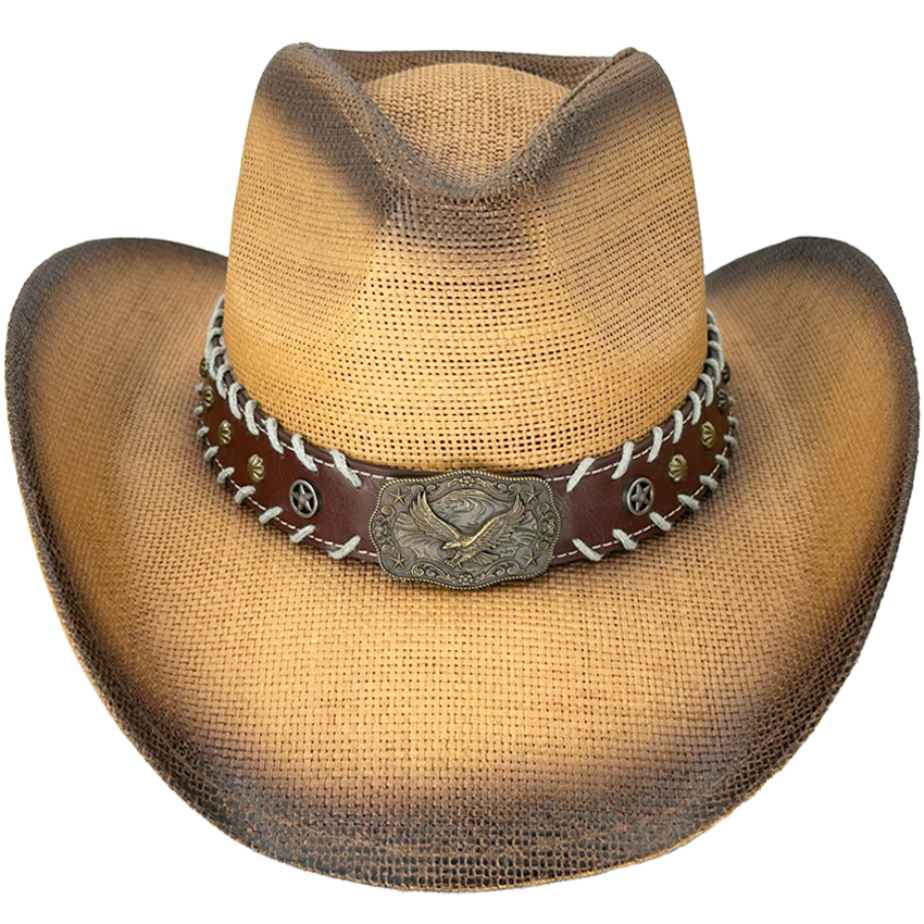 Paper Straw Brown Cowboy HAT with Eagle Leather Laced Band