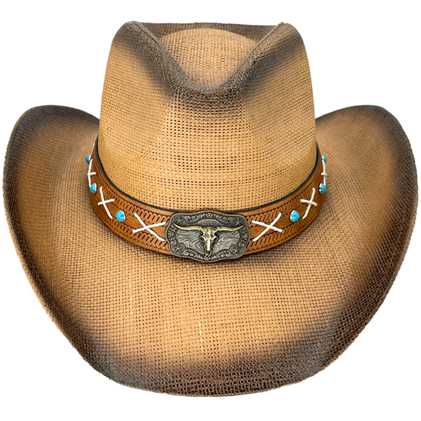 Paper Straw Brown Cowboy Hat with Long Horn Bull LEATHER Band