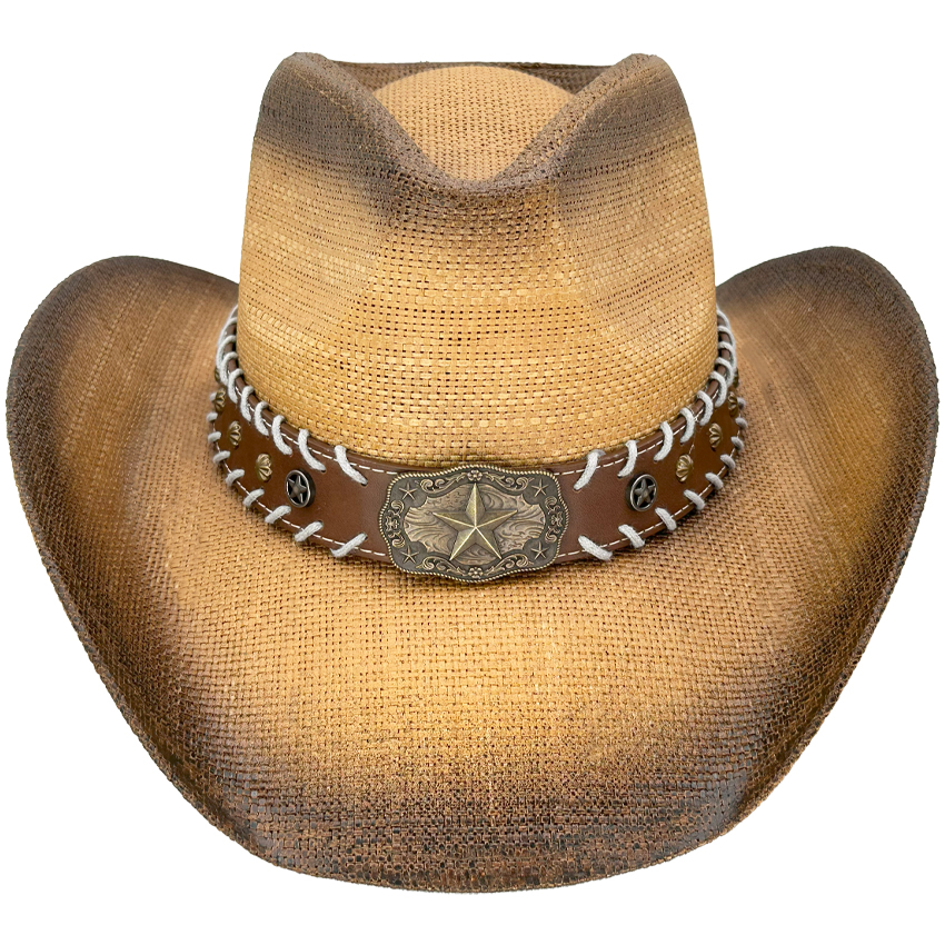 Paper Straw Brown Cowboy Hat with Star LEATHER Laced Band