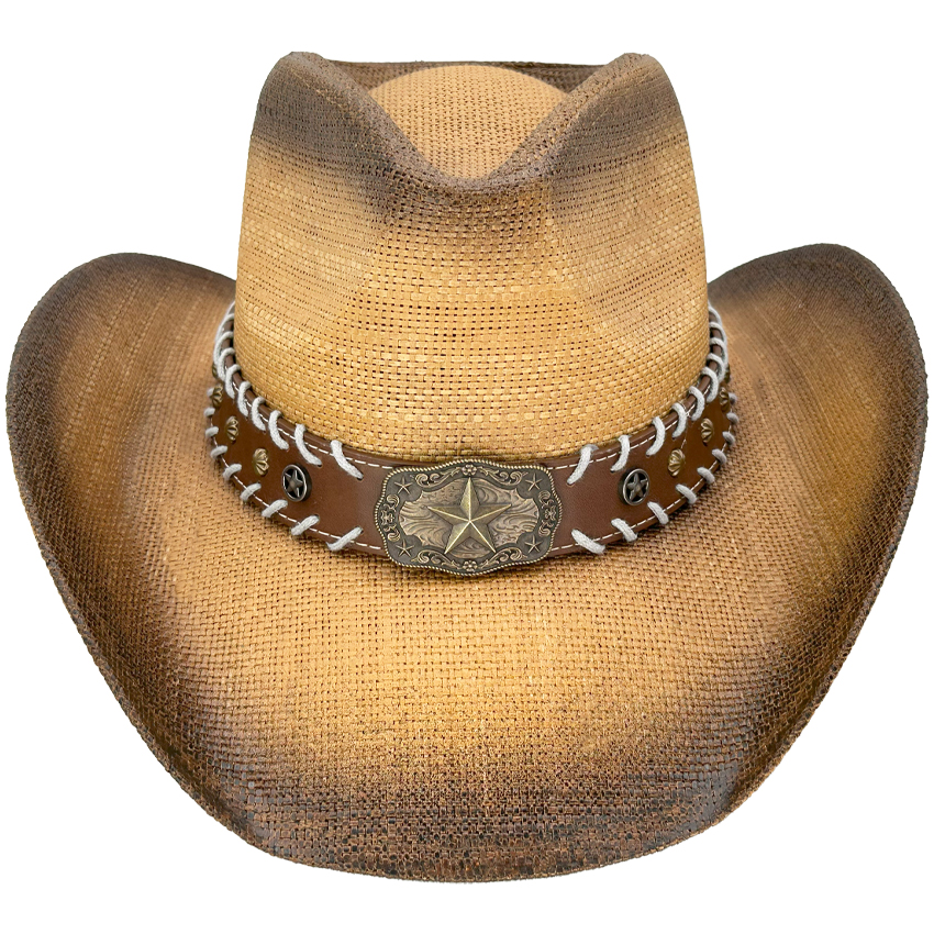 Paper Straw Brown Cowboy Hat with Star Leather Laced Band