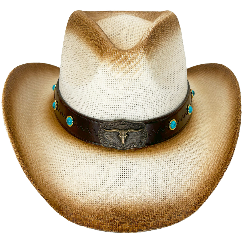 Paper Straw Brown Shade Bull Stitched Band Off-White WESTERN Cowboy Hat
