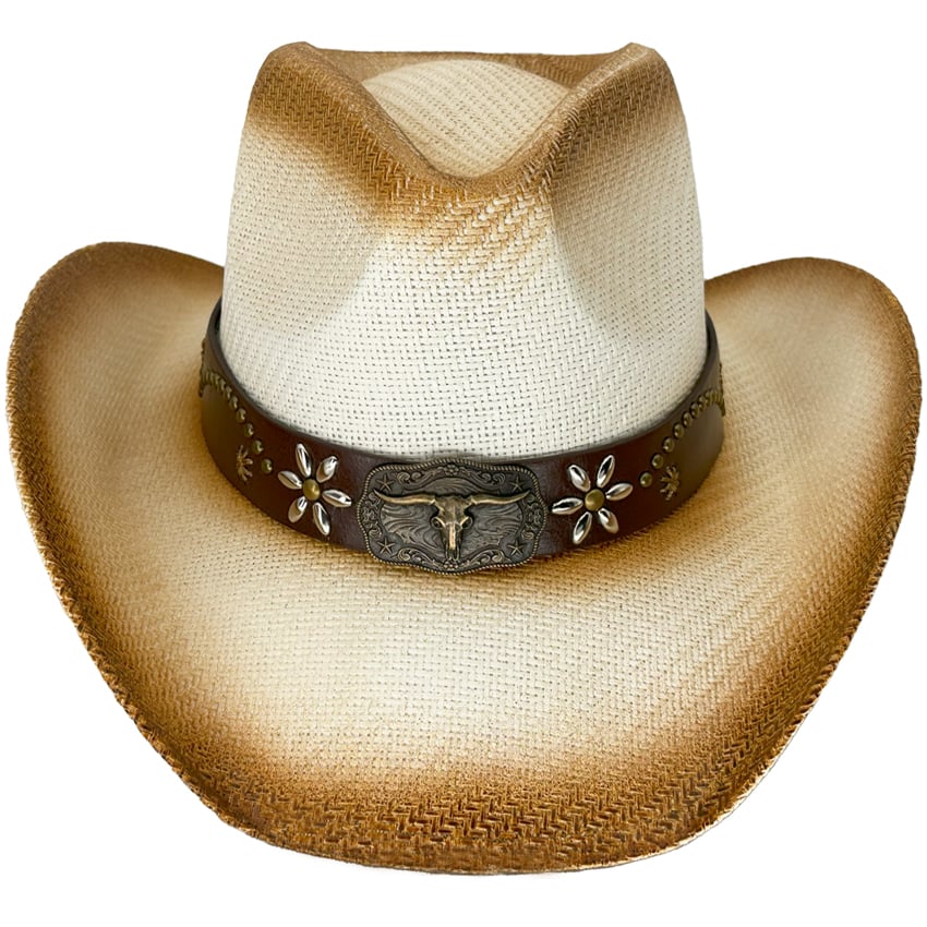 Paper Straw Long Horn Bull Off-White WESTERN Cowboy Hats - Brown Shade 