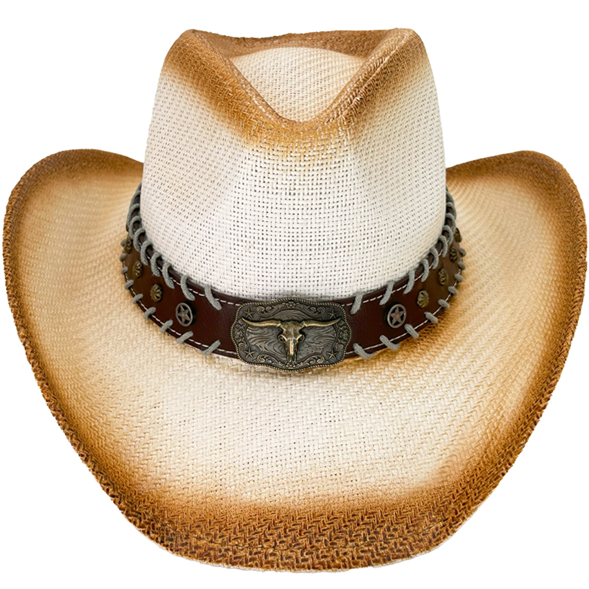 Paper Straw Off-White Shade Western Cowboy HAT with Bull Laced Band